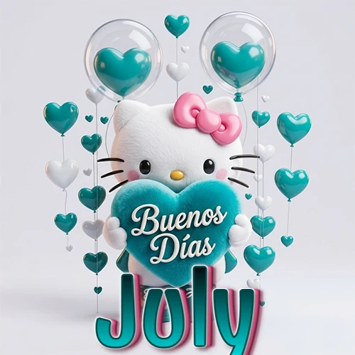 Hello Kitty abrazando un corazón turquesa grande con frase de buenos días, nombre abajo en turquesa con globos corazón. Nombre personalizado: July.
