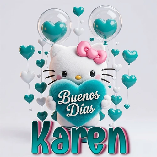 Hello Kitty abrazando un corazón turquesa grande con frase de buenos días, nombre abajo en turquesa con globos corazón. Nombre personalizado: Karen.