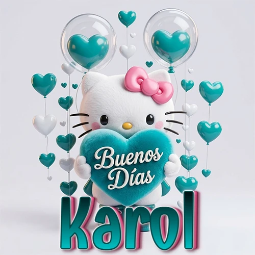 Hello Kitty abrazando un corazón turquesa grande con frase de buenos días, nombre abajo en turquesa con globos corazón. Nombre personalizado: Karol.
