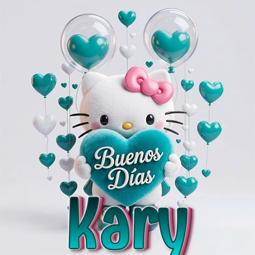 Hello Kitty abrazando un corazón turquesa grande con frase de buenos días, nombre abajo en turquesa con globos corazón. Nombre personalizado: Kary.