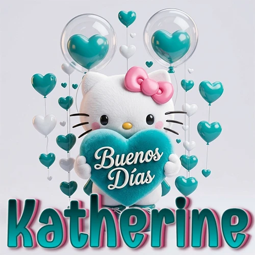 Hello Kitty abrazando un corazón turquesa grande con frase de buenos días, nombre abajo en turquesa con globos corazón. Nombre personalizado: Katherine.