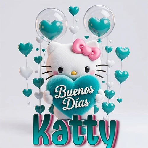 Hello Kitty abrazando un corazón turquesa grande con frase de buenos días, nombre abajo en turquesa con globos corazón. Nombre personalizado: Katty.
