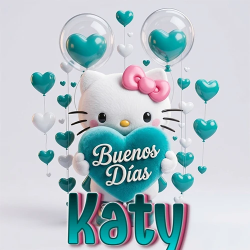 Hello Kitty abrazando un corazón turquesa grande con frase de buenos días, nombre abajo en turquesa con globos corazón. Nombre personalizado: Katy.