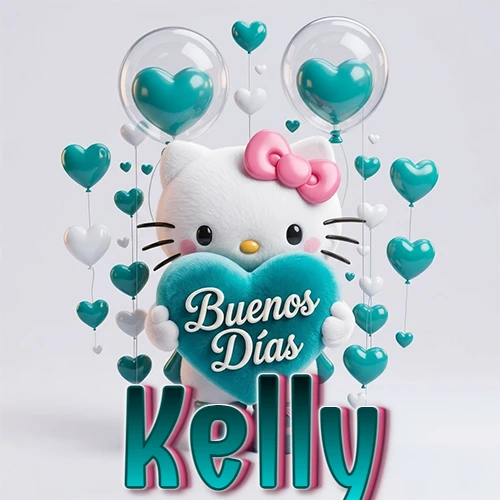 Hello Kitty abrazando un corazón turquesa grande con frase de buenos días, nombre abajo en turquesa con globos corazón. Nombre personalizado: Kelly.