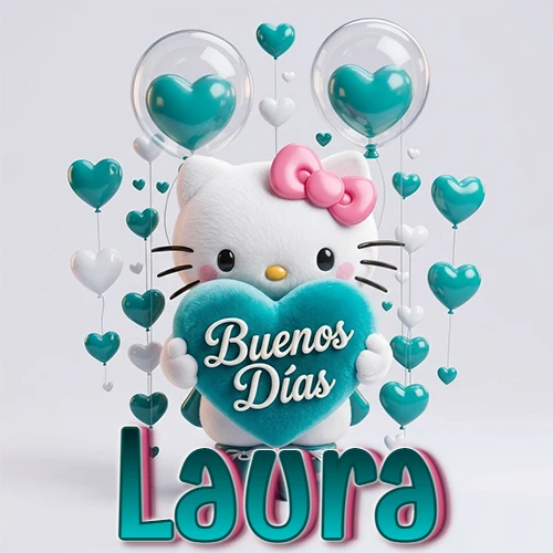 Hello Kitty abrazando un corazón turquesa grande con frase de buenos días, nombre abajo en turquesa con globos corazón. Nombre personalizado: Laura.