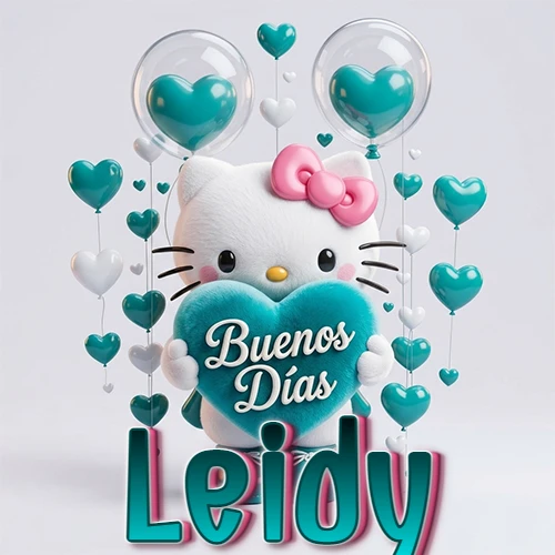 Hello Kitty abrazando un corazón turquesa grande con frase de buenos días, nombre abajo en turquesa con globos corazón. Nombre personalizado: Leidy.