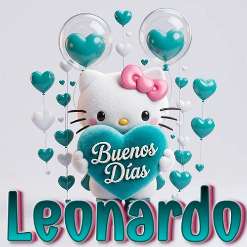 Hello Kitty abrazando un corazón turquesa grande con frase de buenos días, nombre abajo en turquesa con globos corazón. Nombre personalizado: Leonardo.