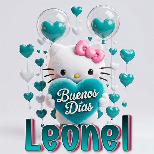 Hello Kitty abrazando un corazón turquesa grande con frase de buenos días, nombre abajo en turquesa con globos corazón. Nombre personalizado: Leonel.