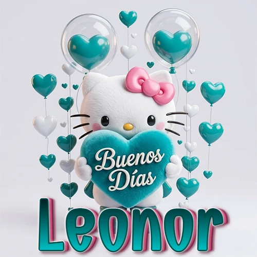Hello Kitty abrazando un corazón turquesa grande con frase de buenos días, nombre abajo en turquesa con globos corazón. Nombre personalizado: Leonor.