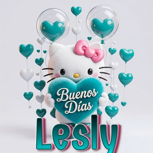 Hello Kitty abrazando un corazón turquesa grande con frase de buenos días, nombre abajo en turquesa con globos corazón. Nombre personalizado: Lesly.