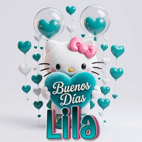 Hello Kitty abrazando un corazón turquesa grande con frase de buenos días, nombre abajo en turquesa con globos corazón. Nombre personalizado: Lila.
