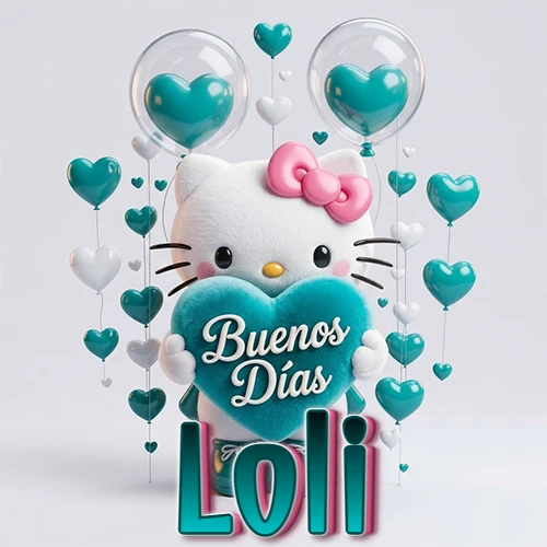 Hello Kitty abrazando un corazón turquesa grande con frase de buenos días, nombre abajo en turquesa con globos corazón. Nombre personalizado: Loli.
