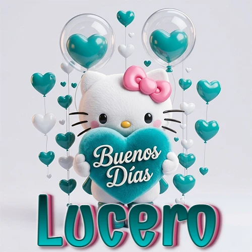 Hello Kitty abrazando un corazón turquesa grande con frase de buenos días, nombre abajo en turquesa con globos corazón. Nombre personalizado: Lucero.