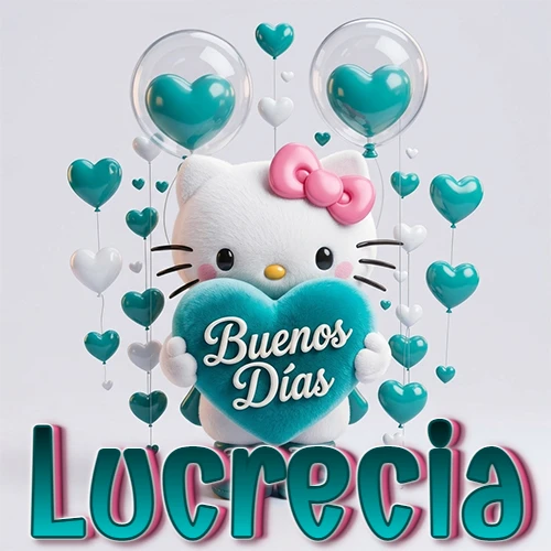 Hello Kitty abrazando un corazón turquesa grande con frase de buenos días, nombre abajo en turquesa con globos corazón. Nombre personalizado: Lucrecia.