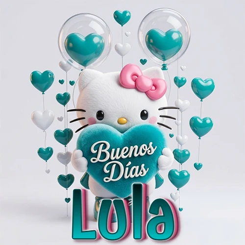 Hello Kitty abrazando un corazón turquesa grande con frase de buenos días, nombre abajo en turquesa con globos corazón. Nombre personalizado: Lula.