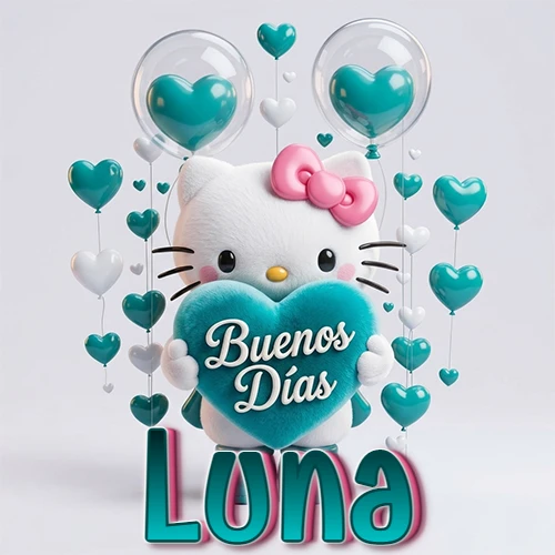 Hello Kitty abrazando un corazón turquesa grande con frase de buenos días, nombre abajo en turquesa con globos corazón. Nombre personalizado: Luna.