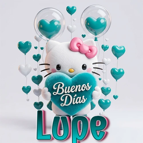 Hello Kitty abrazando un corazón turquesa grande con frase de buenos días, nombre abajo en turquesa con globos corazón. Nombre personalizado: Lupe.