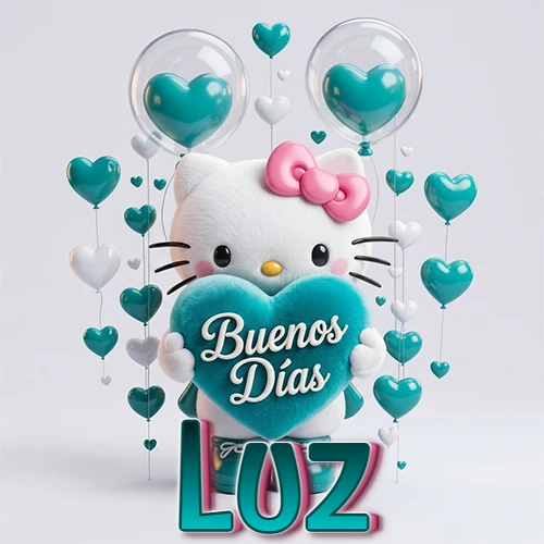 Hello Kitty abrazando un corazón turquesa grande con frase de buenos días, nombre abajo en turquesa con globos corazón. Nombre personalizado: Luz.