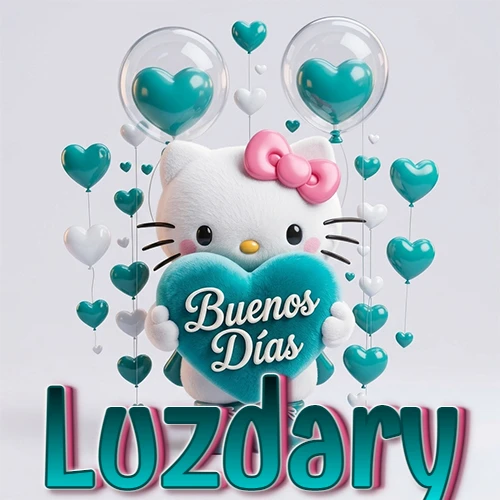 Hello Kitty abrazando un corazón turquesa grande con frase de buenos días, nombre abajo en turquesa con globos corazón. Nombre personalizado: Luzdary.