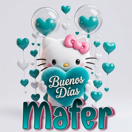 Hello Kitty abrazando un corazón turquesa grande con frase de buenos días, nombre abajo en turquesa con globos corazón. Nombre personalizado: Mafer. Hello Kitty abrazando un corazón turquesa grande con frase de buenos días, nombre abajo en turquesa con globos corazón. Nombre personalizado: Mafer.