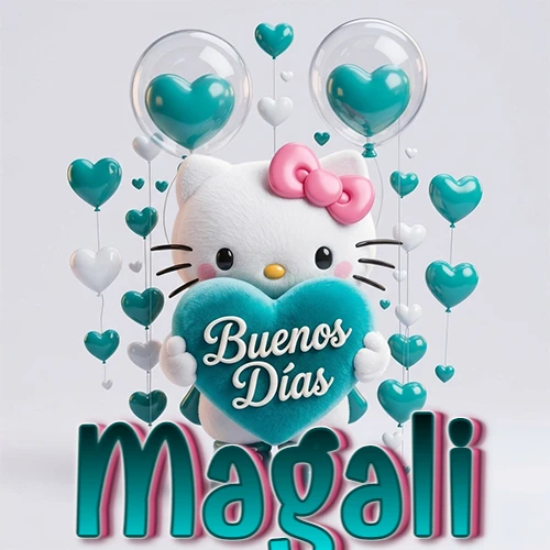 Hello Kitty abrazando un corazón turquesa grande con frase de buenos días, nombre abajo en turquesa con globos corazón. Nombre personalizado: Magali.