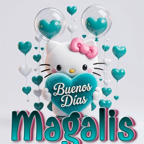 Hello Kitty abrazando un corazón turquesa grande con frase de buenos días, nombre abajo en turquesa con globos corazón. Nombre personalizado: Magalis.