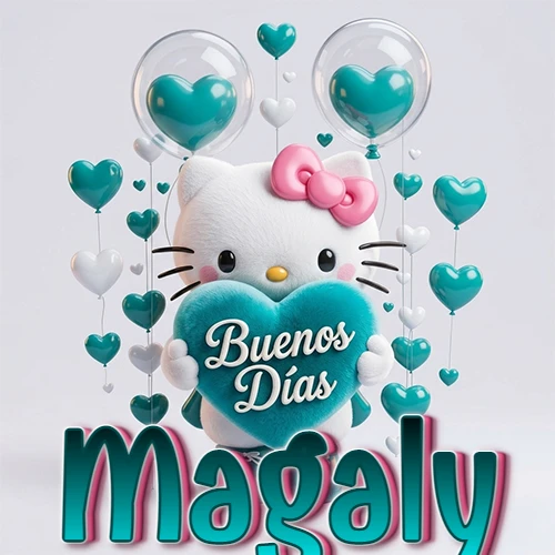 Hello Kitty abrazando un corazón turquesa grande con frase de buenos días, nombre abajo en turquesa con globos corazón. Nombre personalizado: Magaly.