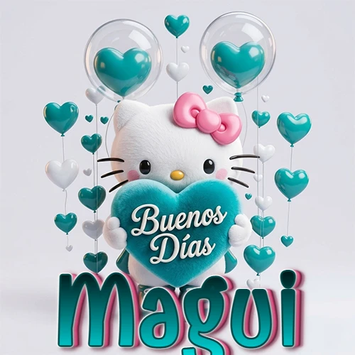 Hello Kitty abrazando un corazón turquesa grande con frase de buenos días, nombre abajo en turquesa con globos corazón. Nombre personalizado: Magui.