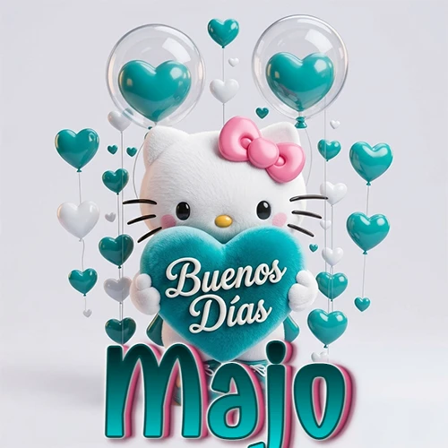 Hello Kitty abrazando un corazón turquesa grande con frase de buenos días, nombre abajo en turquesa con globos corazón. Nombre personalizado: Majo.