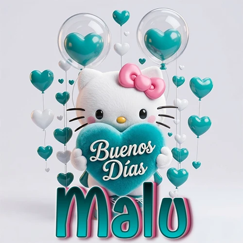 Hello Kitty abrazando un corazón turquesa grande con frase de buenos días, nombre abajo en turquesa con globos corazón. Nombre personalizado: Malu.
