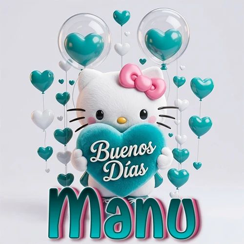 Hello Kitty abrazando un corazón turquesa grande con frase de buenos días, nombre abajo en turquesa con globos corazón. Nombre personalizado: Manu.