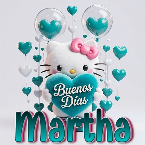 Hello Kitty abrazando un corazón turquesa grande con frase de buenos días, nombre abajo en turquesa con globos corazón. Nombre personalizado: Martha.