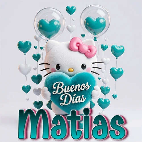 Hello Kitty abrazando un corazón turquesa grande con frase de buenos días, nombre abajo en turquesa con globos corazón. Nombre personalizado: Matias.