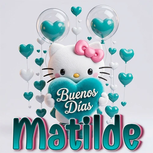 Hello Kitty abrazando un corazón turquesa grande con frase de buenos días, nombre abajo en turquesa con globos corazón. Nombre personalizado: Matilde.