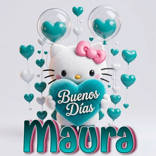 Hello Kitty abrazando un corazón turquesa grande con frase de buenos días, nombre abajo en turquesa con globos corazón. Nombre personalizado: Maura.