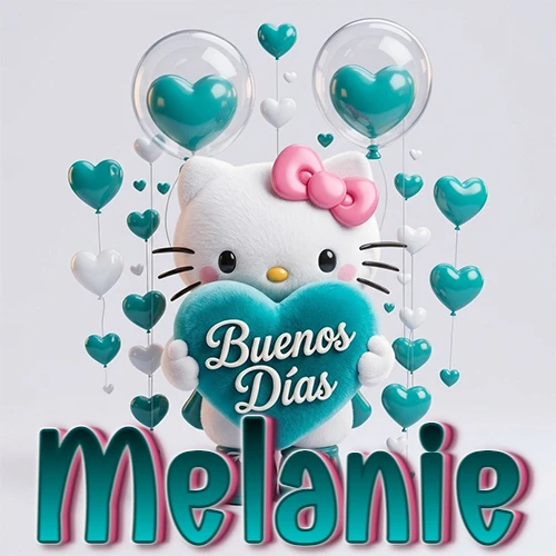 Hello Kitty abrazando un corazón turquesa grande con frase de buenos días, nombre abajo en turquesa con globos corazón. Nombre personalizado: Melanie. Hello Kitty abrazando un corazón turquesa grande con frase de buenos días, nombre abajo en turquesa con globos corazón. Nombre personalizado: Melanie.
