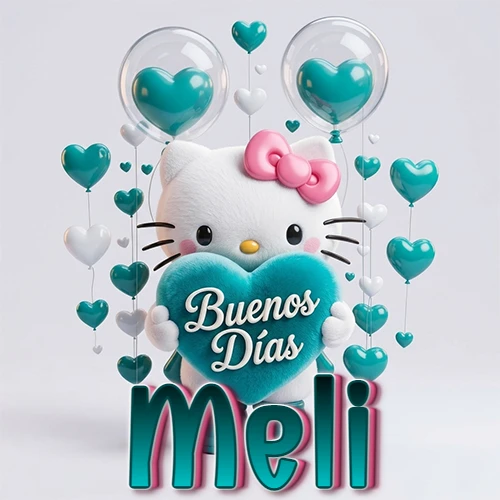 Hello Kitty abrazando un corazón turquesa grande con frase de buenos días, nombre abajo en turquesa con globos corazón. Nombre personalizado: Meli.