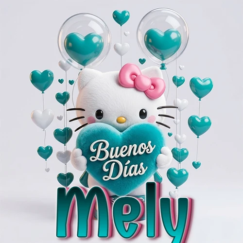 Hello Kitty abrazando un corazón turquesa grande con frase de buenos días, nombre abajo en turquesa con globos corazón. Nombre personalizado: Mely.