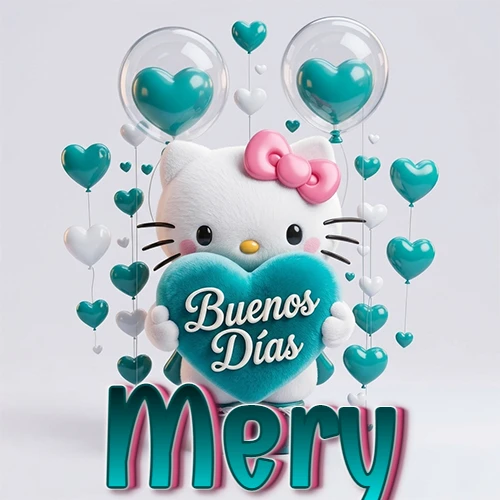 Hello Kitty abrazando un corazón turquesa grande con frase de buenos días, nombre abajo en turquesa con globos corazón. Nombre personalizado: Mery.