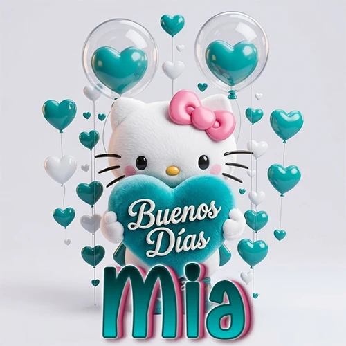Hello Kitty abrazando un corazón turquesa grande con frase de buenos días, nombre abajo en turquesa con globos corazón. Nombre personalizado: Mia.