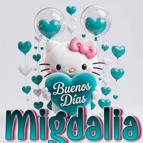 Hello Kitty abrazando un corazón turquesa grande con frase de buenos días, nombre abajo en turquesa con globos corazón. Nombre personalizado: Migdalia.