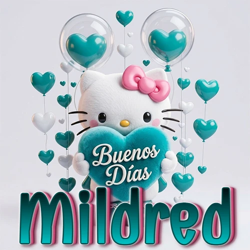 Hello Kitty abrazando un corazón turquesa grande con frase de buenos días, nombre abajo en turquesa con globos corazón. Nombre personalizado: Mildred.