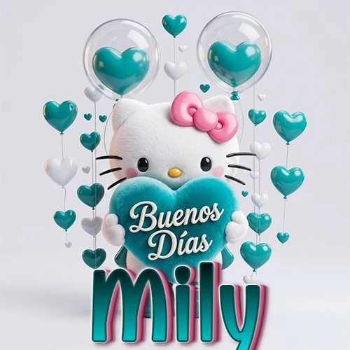 Hello Kitty abrazando un corazón turquesa grande con frase de buenos días, nombre abajo en turquesa con globos corazón. Nombre personalizado: Mily.