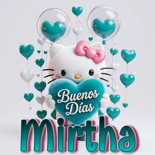 Hello Kitty abrazando un corazón turquesa grande con frase de buenos días, nombre abajo en turquesa con globos corazón. Nombre personalizado: Mirtha.