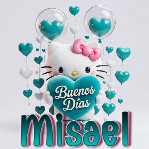 Hello Kitty abrazando un corazón turquesa grande con frase de buenos días, nombre abajo en turquesa con globos corazón. Nombre personalizado: Misael.