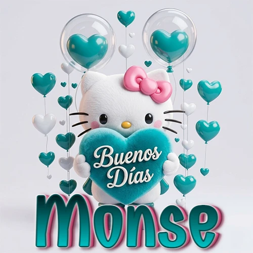 Hello Kitty abrazando un corazón turquesa grande con frase de buenos días, nombre abajo en turquesa con globos corazón. Nombre personalizado: Monse.