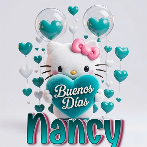 Hello Kitty abrazando un corazón turquesa grande con frase de buenos días, nombre abajo en turquesa con globos corazón. Nombre personalizado: Nancy.