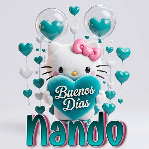Hello Kitty abrazando un corazón turquesa grande con frase de buenos días, nombre abajo en turquesa con globos corazón. Nombre personalizado: Nando.