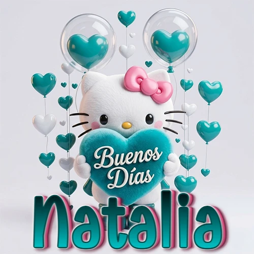 Hello Kitty abrazando un corazón turquesa grande con frase de buenos días, nombre abajo en turquesa con globos corazón. Nombre personalizado: Natalia.