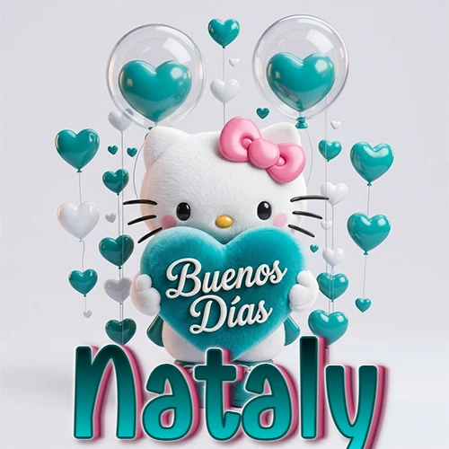 Hello Kitty abrazando un corazón turquesa grande con frase de buenos días, nombre abajo en turquesa con globos corazón. Nombre personalizado: Nataly.